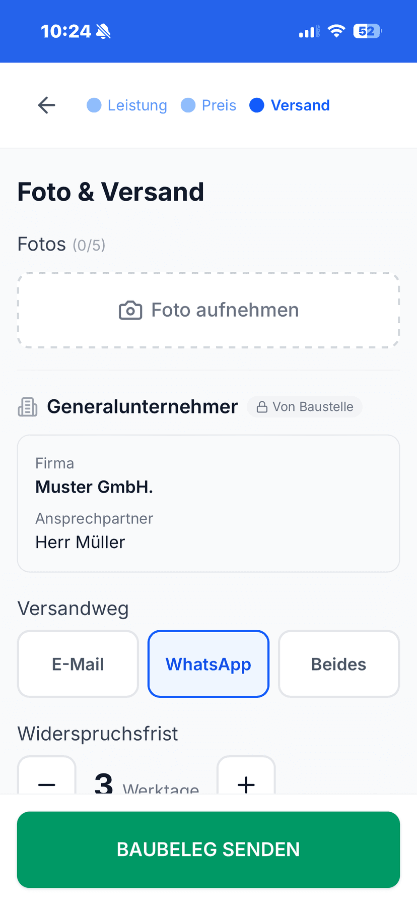 BauBeleg App — Foto & Versand: Nachtrag dokumentieren und per WhatsApp an den GU senden